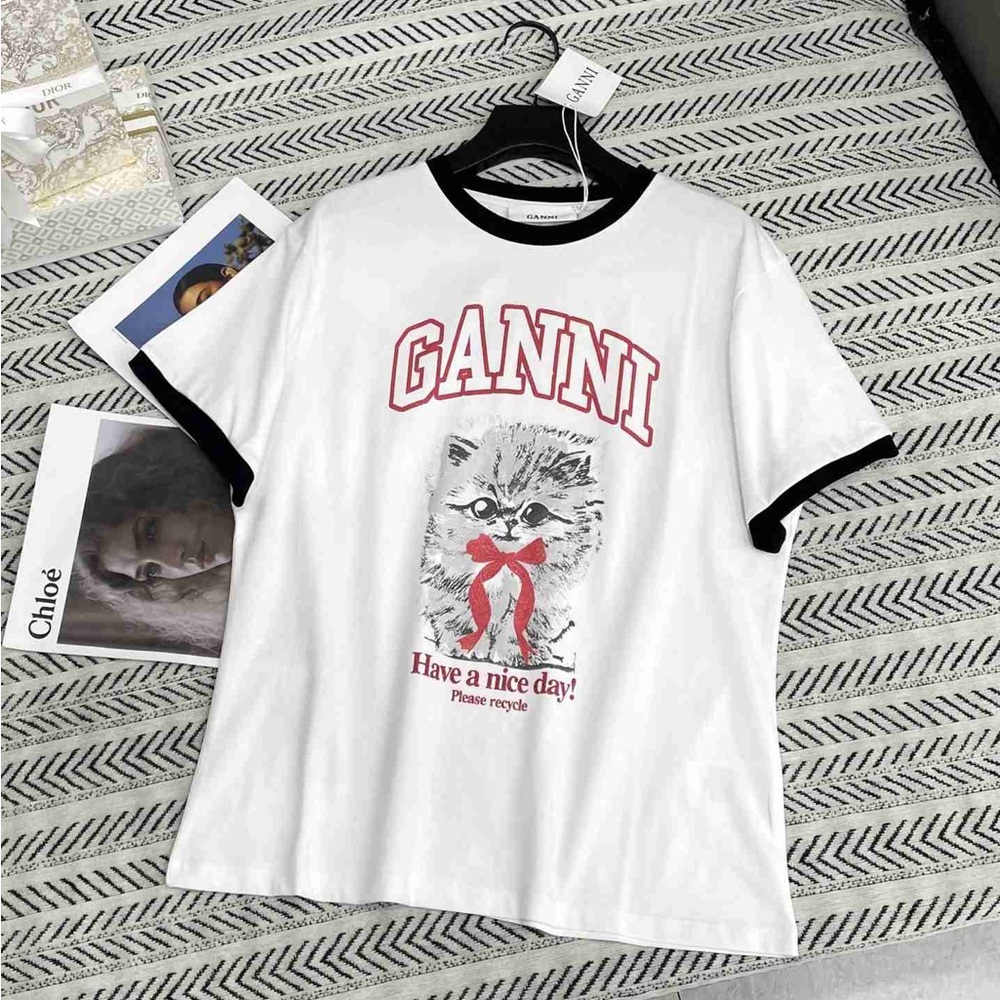 Ganni White Tee with Cat and Red Text